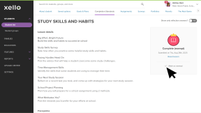 A student's profile in Xello on the Completion Standards tab. The Study skills and habits lesson is open. The cursor is highlighting the Mark as exempt box.